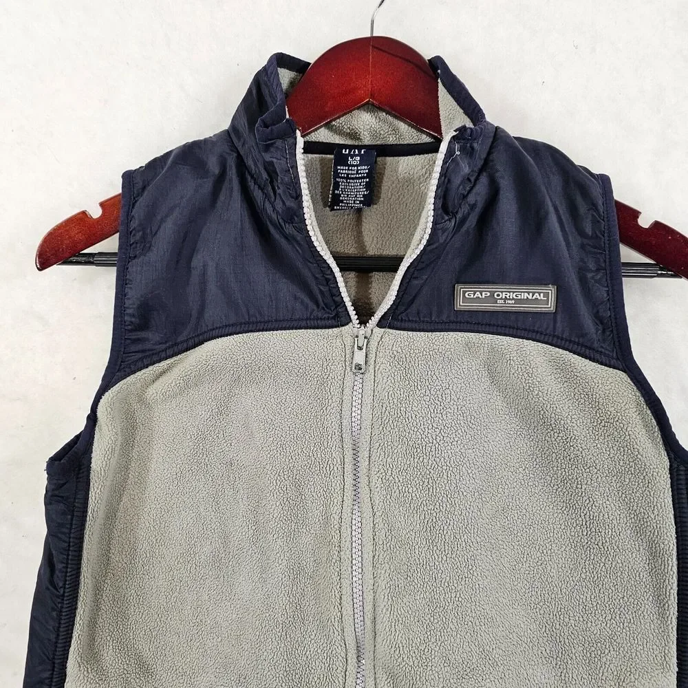 GAP ORIGINAL Kids Boys Fleece Full Zip Vest Hiking School Gray Navy - Size L  10